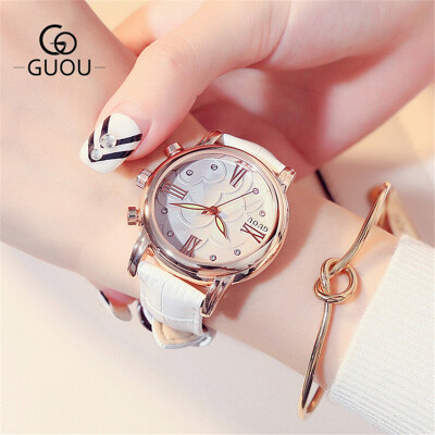 

GUOU Women Delicate Gold Quartz Watch Leather Strap Wrist Watch Ladies Elegant Dress Watch