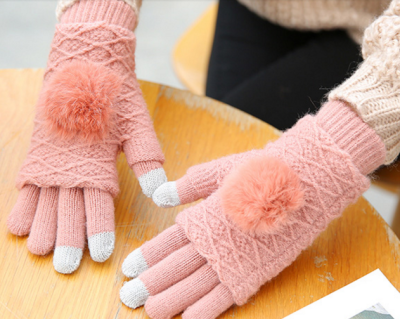 

Five knitted touch screen gloves female autumn winter plus velvet thickening warm Korean students Japanese cute half-finger ride