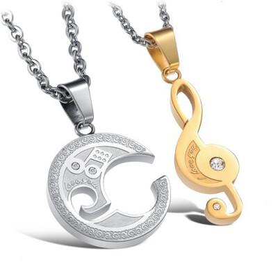 

Lovers couple Music Breaks Moon Pendant necklace Titanium Stainless Musical Charm Chain Crystal Jewelry Gift for Women Men