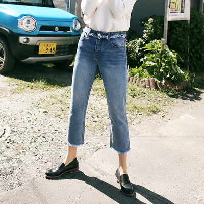 

And with pure Raincun N2371 straight jeans female raw edge loose wide leg casual retro nine pants blue 28