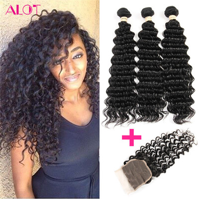 

Alot Hair Перуанские девичьи волосы Deep Wave 3 Связки с 4 * 4 застежкой кружева 7A Сорт 100% необработанные человеческие волосы, сшивание и закрытие