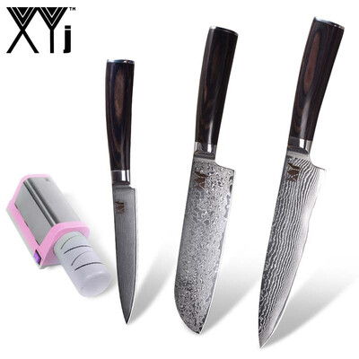 

XYj Quality Damascus Knife 3 PCS Damascus Kitchen Knife Color Wood Handle Damascus Steel KnifeElectric Knife Sharpener