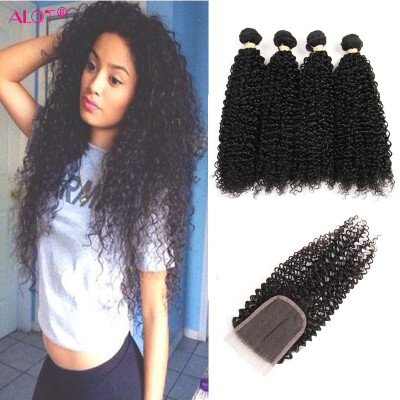 

ALot Hair Brazilian Virgin Kinky Curly Weave 4 Bundle Hair with Lace Closure Free Part Swiss Lace Curly Unprocessed Human Hair