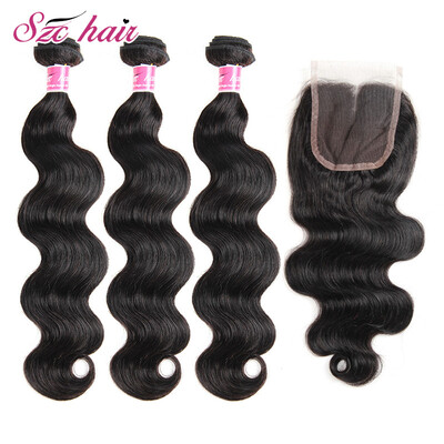

SZC Peruvian Virgin Hair Body Wave 3 Bundles with Closure Unprocessed Virgin Human Hair Weave Bundles Extensions Natural Color