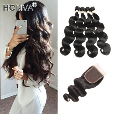 

HCDIVA Body Wave Человеческие волосы Связки с закрытием Перуанские человеческие волосы с кружевным закрытием, 4 пачки волос с 1 закрытием