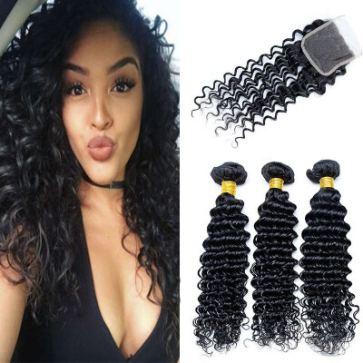 

Passion Hair 8A Unpressed Brazilian Deep Wave With Closure 3 Bundles Brazilian Deep Curly Human Virgin Hair With Closure