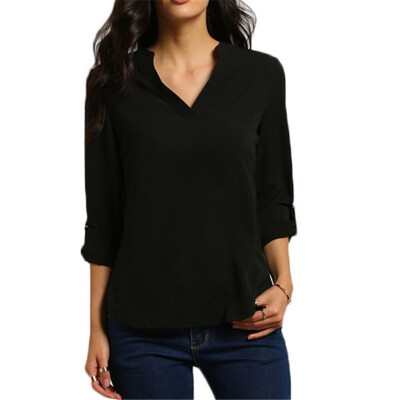 

8 Colors Large Size Female V Collar Long Sleeve Corrugated Sleeve Easy Shirt plus size (S-5XL)