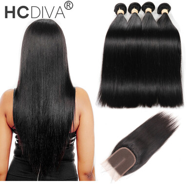 

HCDIVA Straight Human Hair Bundle with Closure Peruvian Virgin Hair 4 Bundle Hair with Closure Free part Middle Part Three Par