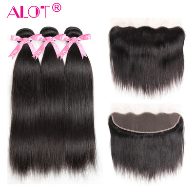

Alot Hair 13x4 Lace Frontal Closure With Bundles Peruvian Virgin Straight 3 Hair Bundles With Closure Frontal Ear To Ear 4PcsLot