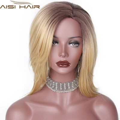 

AISI HAIR 16" High Temperature Fiber Short Straight Synthetic Ombre Blonde Color&Sliver Grey Wigs for Black Women