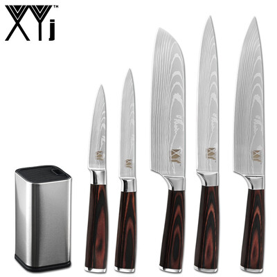 

XYj 6pcs Stainless Steel Knife Holder Set Damascus Pattern Blade Chef Knife Meat Fish Kitchen Tools
