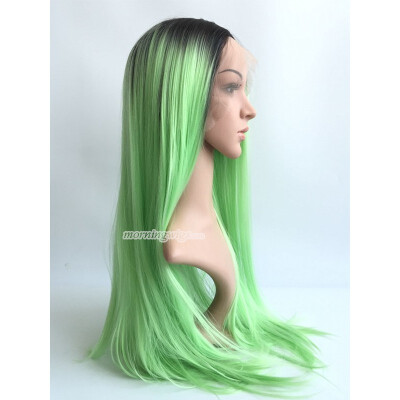 

24 INCHES BLACK BRIGHT GREEN OMBRE STRAIGHT SYNTHETIC LACE FRONT WIG