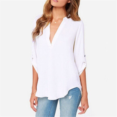 

8 Colors Large Size Female V Collar Long Sleeve Corrugated Sleeve Easy Shirt plus size (S-5XL)