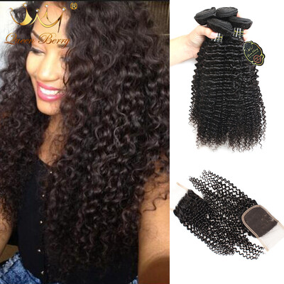

8A Queen Berry Kinky Curly 3 Bundles With Closure 100% Unprocessed Virgin Human Hair Good Cheap Online