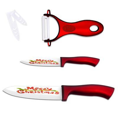 

XYj Merry Christmas Gift Kitchen Knife Set 4" 6"Ceramic Knife + Red Handle Peeler Cooking Tools Christmas Decorations For Home
