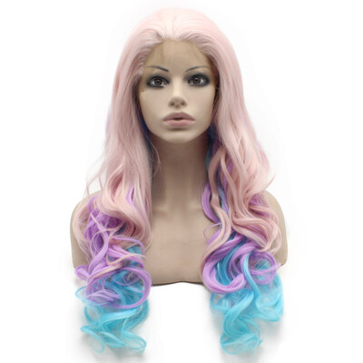 

Long Wavy Swiss Lace Front Pink Blue Purple Three Tone Cosplay Party Wig