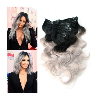 

SILVER GREY CLIP IN HUMAN HAIR EXTENSIONS BODY WAVE OMBRE CLIP INS HAIR EXTENIONS
