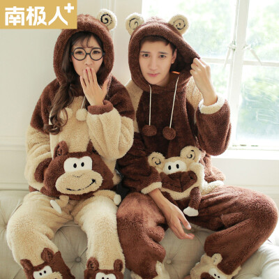 

Antarctic couple pajamas female winter hood flannel long sleeve cartoon monkey coral fleece home service T-QL3034 female models light brown  code