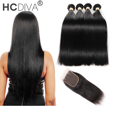 

HCDIVA Straight Human Hair Bundle with Closure Peruvian Virgin Hair 4 Bundle Hair with Closure Free part Middle Part Three Par