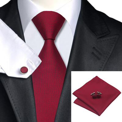 

N-0430 Vogue Men Silk Tie Set Red Solid Necktie Handkerchief Cufflinks Set Ties For Men Formal Wedding Business wholesale