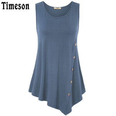 

Timeson Summer Sleeveless Irregular Hem Solid Blouses with Decorative Buttons O-Neck Casual Long Loose Tunic Female Knitted Tops
