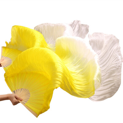 

Newest Handmade Bamboo Ribs Dance Props Silk Belly Dance Fans Natural Silk1Pc Left1Pc Right Dance Silk Fans YellowWhite