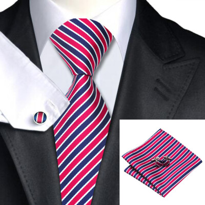 

N-0512 Vogue Men Silk Tie Set Red Stripe Necktie Handkerchief Cufflinks Set Ties For Men Formal Wedding Business wholesale