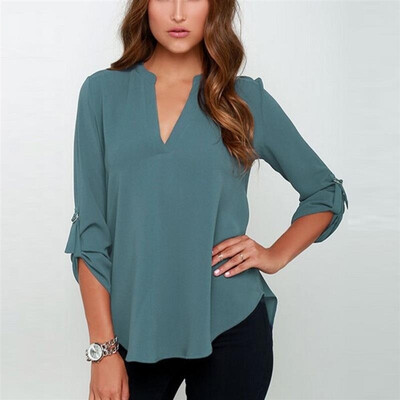 

8 Colors Large Size Female V Collar Long Sleeve Corrugated Sleeve Easy Shirt plus size S-5XL