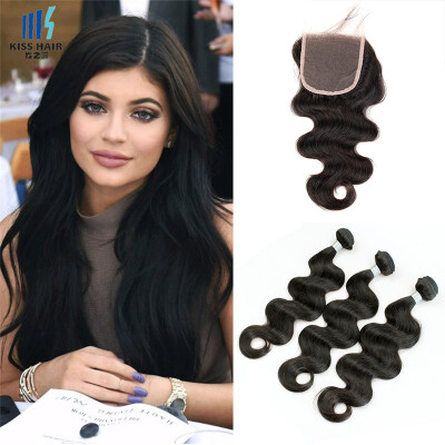 

kiss hair body wave remy hair weft nature color raw Indian human hair weaving 3 bundles with lace closure hair extension