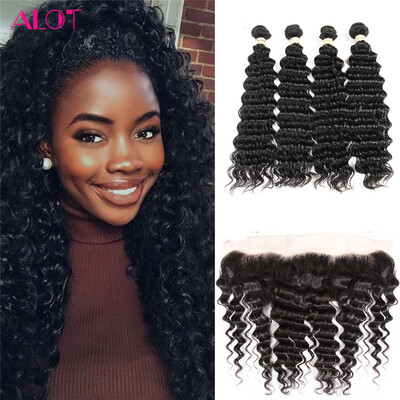 

Alot Hair Brazilian Virgin Deep Wave Hair 4 Bundles With Lace Closure 13*4 Free Part Human Hair Bundles With Frontal Closure