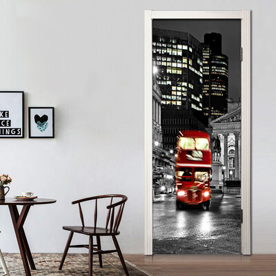 

Red Bus Photo Wallpaper Black White City Backdrop 3D Wall Mural Door Sticker PVC Self-Adhesive Murals 77cm x 200cm
