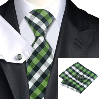 

N-0942 Vogue Men Silk Tie Set Green Plaid Necktie Handkerchief Cufflinks Set Ties For Men Formal Wedding Business wholesale