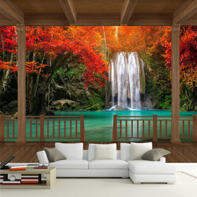 

Custom Mural Wallpaper 3D Stereo Balcony Red Forest Waterfall Nature Landscape Photo Wall Painting Living Room Papel De Parede