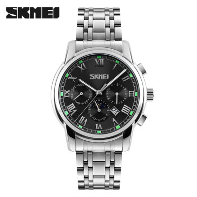 

SKMEI Quartz Wristwatches Men Metal Mesh Stainless Steel Waterproof Watch Moon Phase Complete Calendar Business Watches 9121