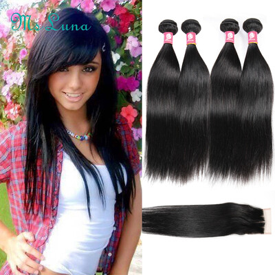 

7A Peruvian Virgin Hair with Closure Straight Human Hair 4 Bundles With Closure Soft Virgin Peruvian Straight Hair With Closure