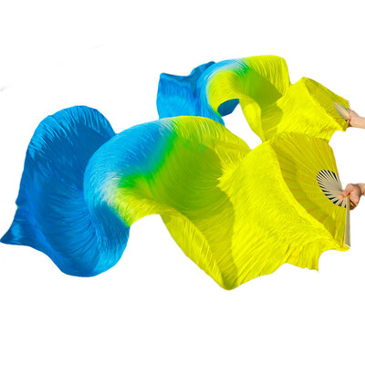 

Newest Handmade Bamboo Ribs Dance Props Silk Belly Dance Fan Natural Silk 1 Pc Left hand1 Pc Right Hand Silk Fan YellowTurquoise