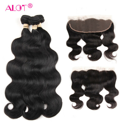 

Alot Indian Body Wave Frontal 100% человеческие волосы 13x4 Ear to Ear Lace Frontal с 3 пакетами Естественный цвет волос