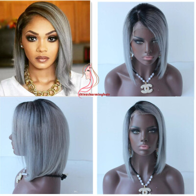 

ombre grey bob human hair wig lace front wig ombre color two tone black to grey bob wig for women