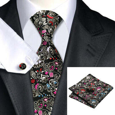 

N-0267 Vogue Men Silk Tie Set Black Floral Necktie Handkerchief Cufflinks Set Ties For Men Formal Wedding Business wholesale