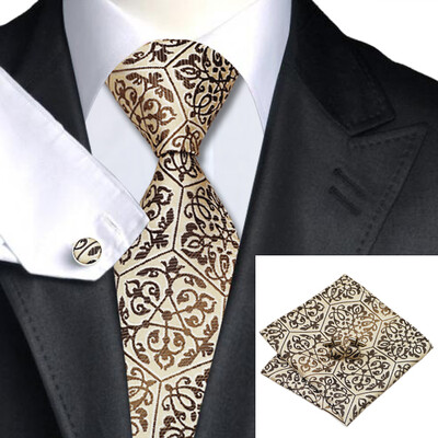 

N-0580 Vogue Men Silk Tie Set Brown Novelty Necktie Handkerchief Cufflinks Set Ties For Men Formal Wedding Business wholesale