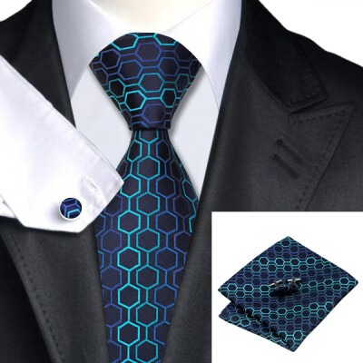 

N-0534 Vogue Men Silk Tie Set Blue Geometric Necktie Handkerchief Cufflinks Set Ties For Men Formal Wedding Business wholesale