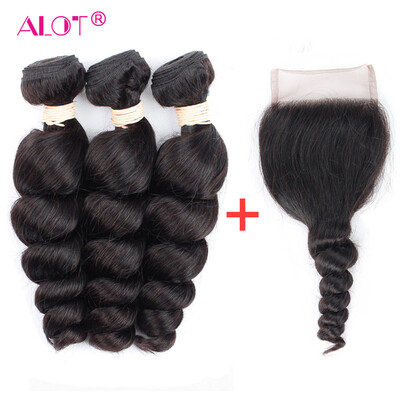 

ALot Hair 3 Bundles Loose Wave with Lace Closure Malaysian Virgin Loose Curl with 4x4 Closure Human Hair Weave with Closure