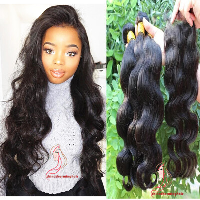 

3 Bundles Brazilian Body Wave Human Hair Bundles With Closure 4*4 Free Part Natural Color Free Shipping