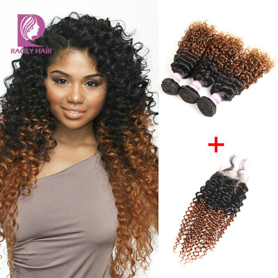 

1B 30 Ombre Human Hair Peruvian Curly Hair 3 Bundles with Lace Closure Free Part Dark Brown Kinky Curly Human Hair Weave