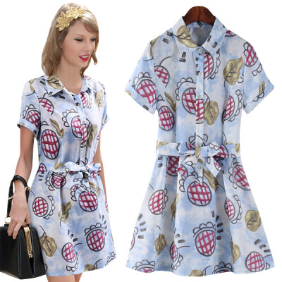 

Lovaru ™2015 new casual turn-down collar print A-line short sleeve summer street snap style fashion comfortable dresses