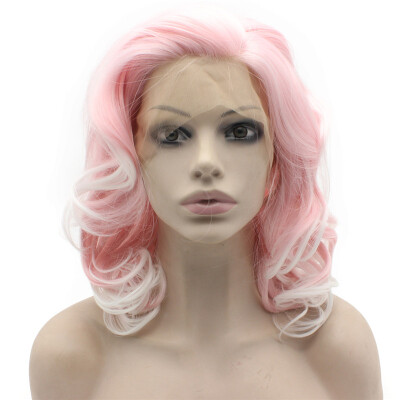 

Shoulder Length Wavy White Tip Pink Swiss Lace Front Wig Synthetic