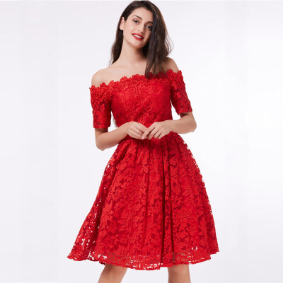 

CAZDZY A-Line Off-the-Shoulder Short Sleeves Lace Knee-Length Cocktail Dress