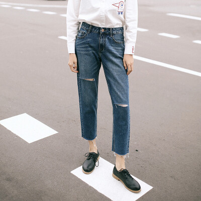 

And with pure Raincun N2366 Ran with pure Japanese hole jeans female nine pants loose casual raw straight jeans blue 27 N2366L027