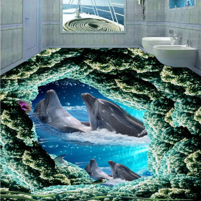 

Free Shipping Dolphin Bathing flooring wallpaper living room office bathroom self-adhesive floor mural 250cmx200cm