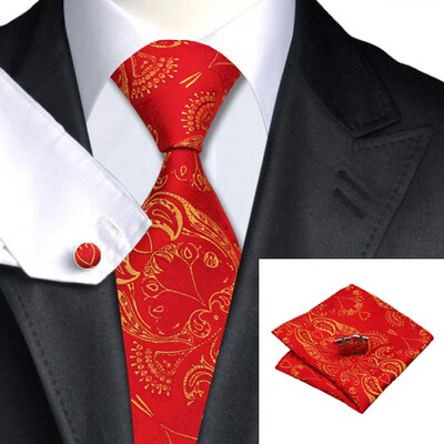 

N-0367 Vogue Men Silk Tie Set Red Paisley Necktie Handkerchief Cufflinks Set Ties For Men Formal Wedding Business wholesale